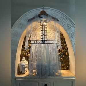 Liang Dian Sheer Blue Lace Dress with Belt